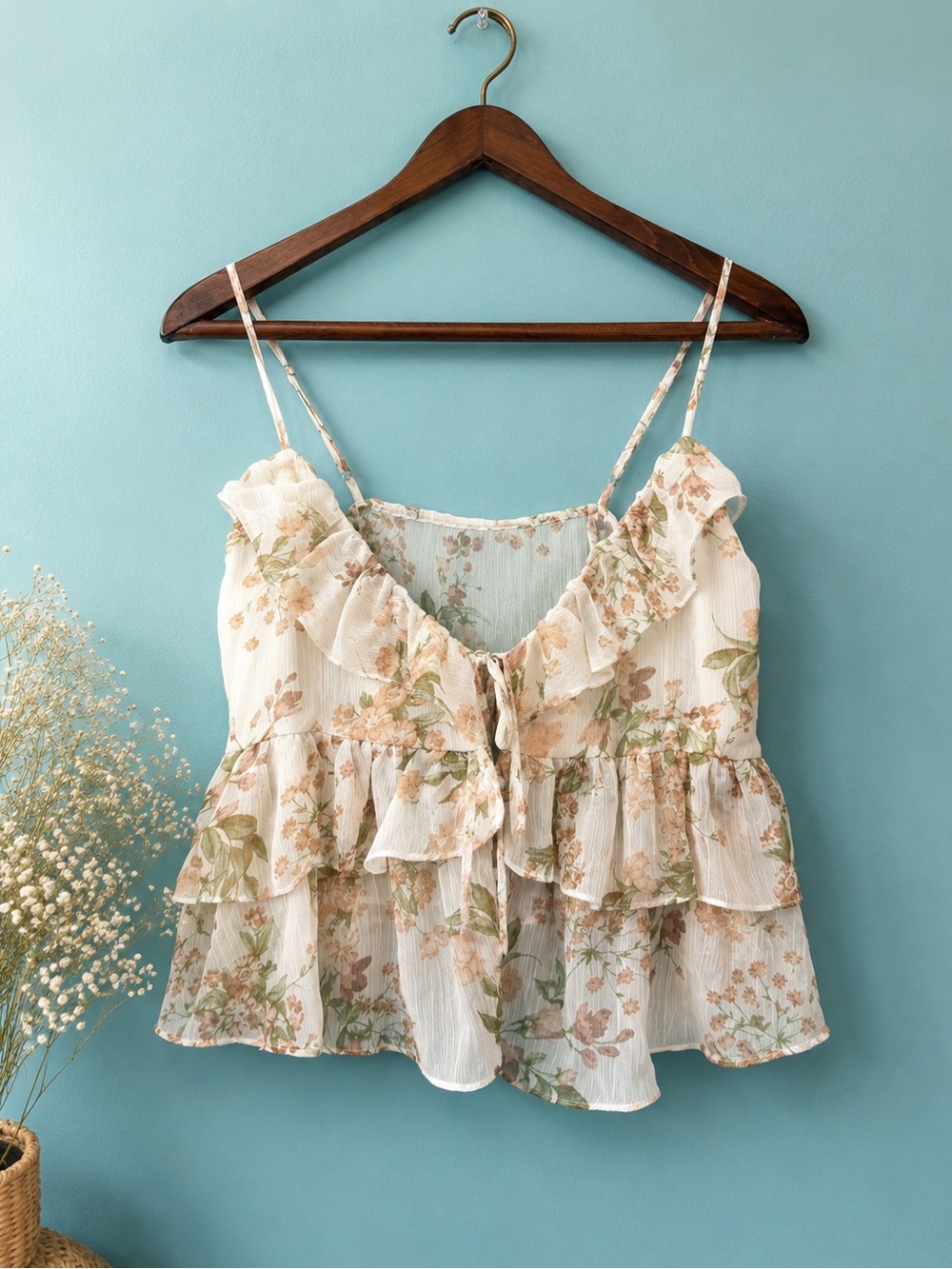 NWOT Love Tree Floral Ruffle Tie-Front Cami Tank Top Cottagecore Boho Romantic L